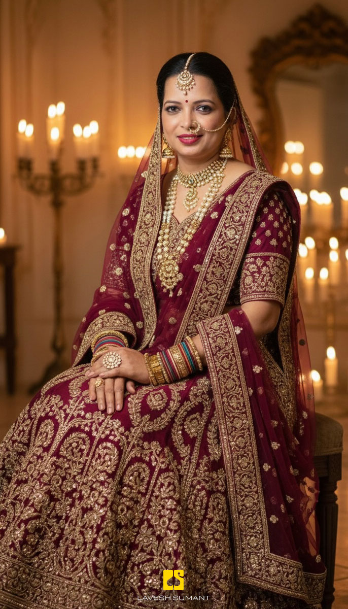 Woman seated in a maroon bridal outfit with traditional gold jewelry in a warm candlelit indoor setting