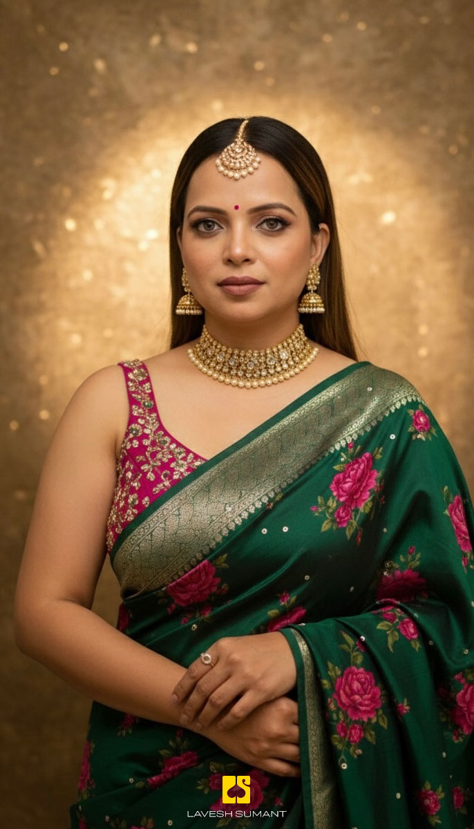 Woman wearing a green saree with floral details, standing against a gold studio background with a calm expression