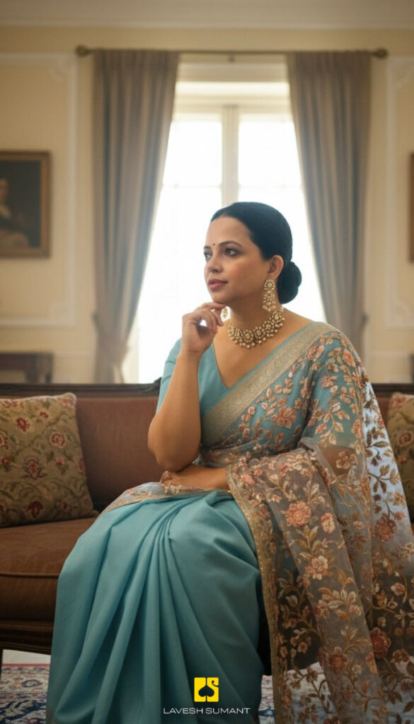 Woman seated indoors wearing a teal saree, resting her chin on her hand in a thoughtful pose near a window