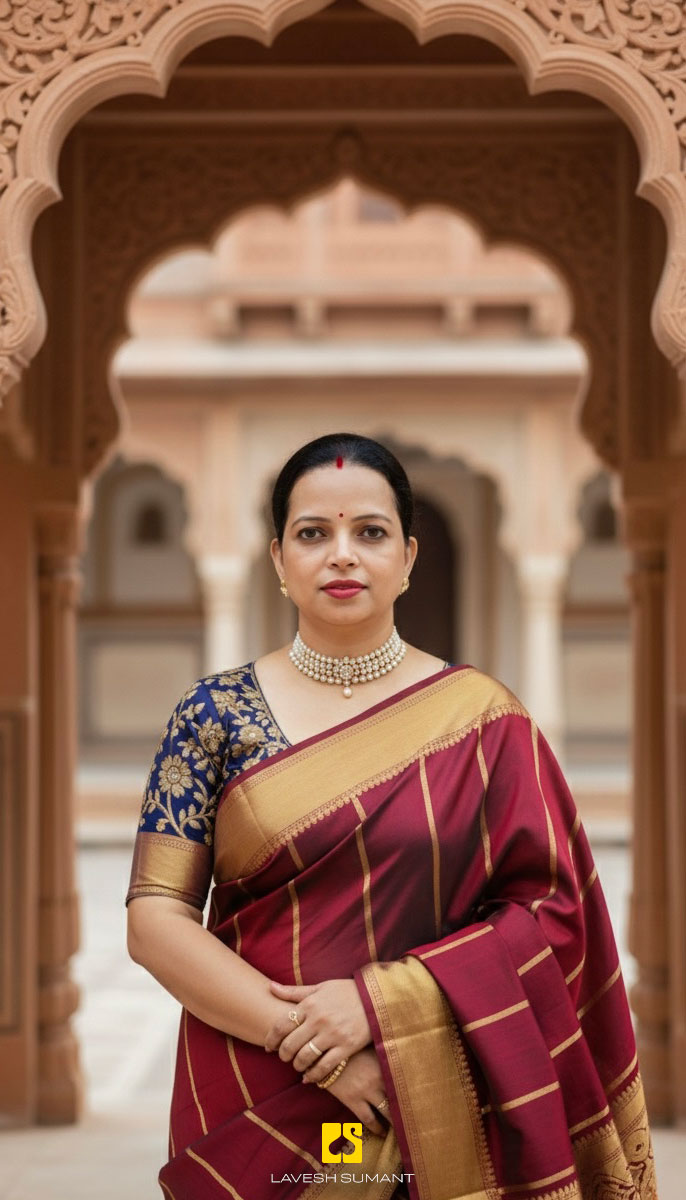 Woman standing beneath a traditional Indian archway wearing a maroon saree with gold accents