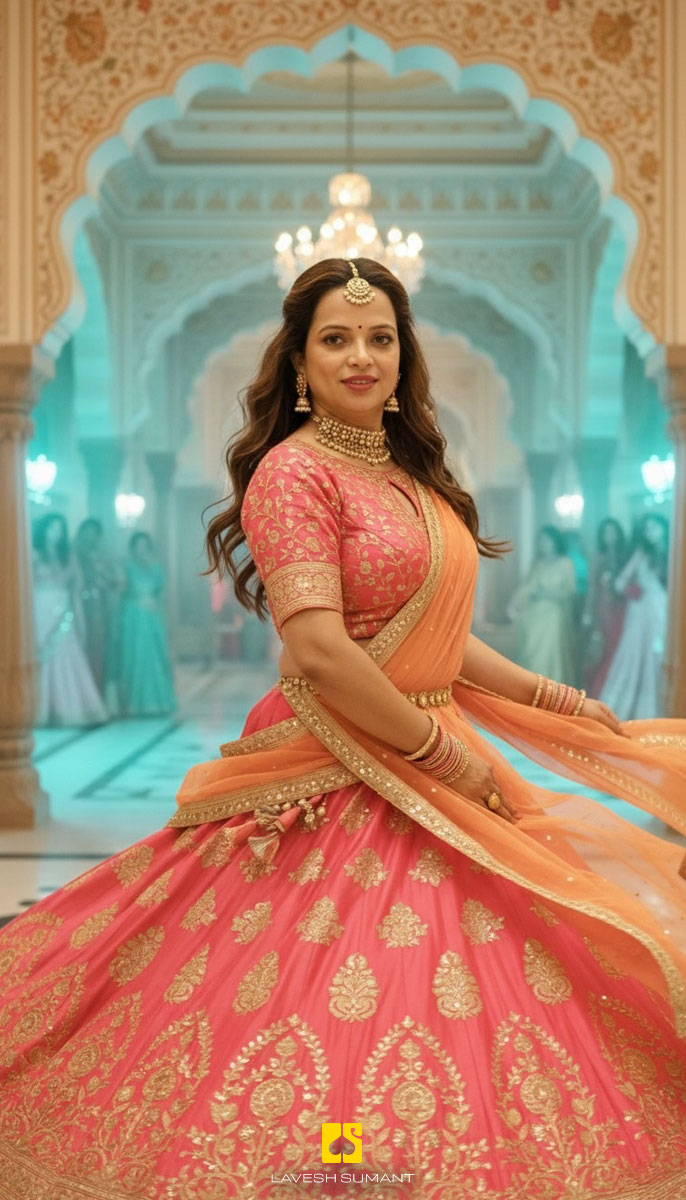 Woman twirling in a pink lehenga with gold embroidery inside a grand palace hall
