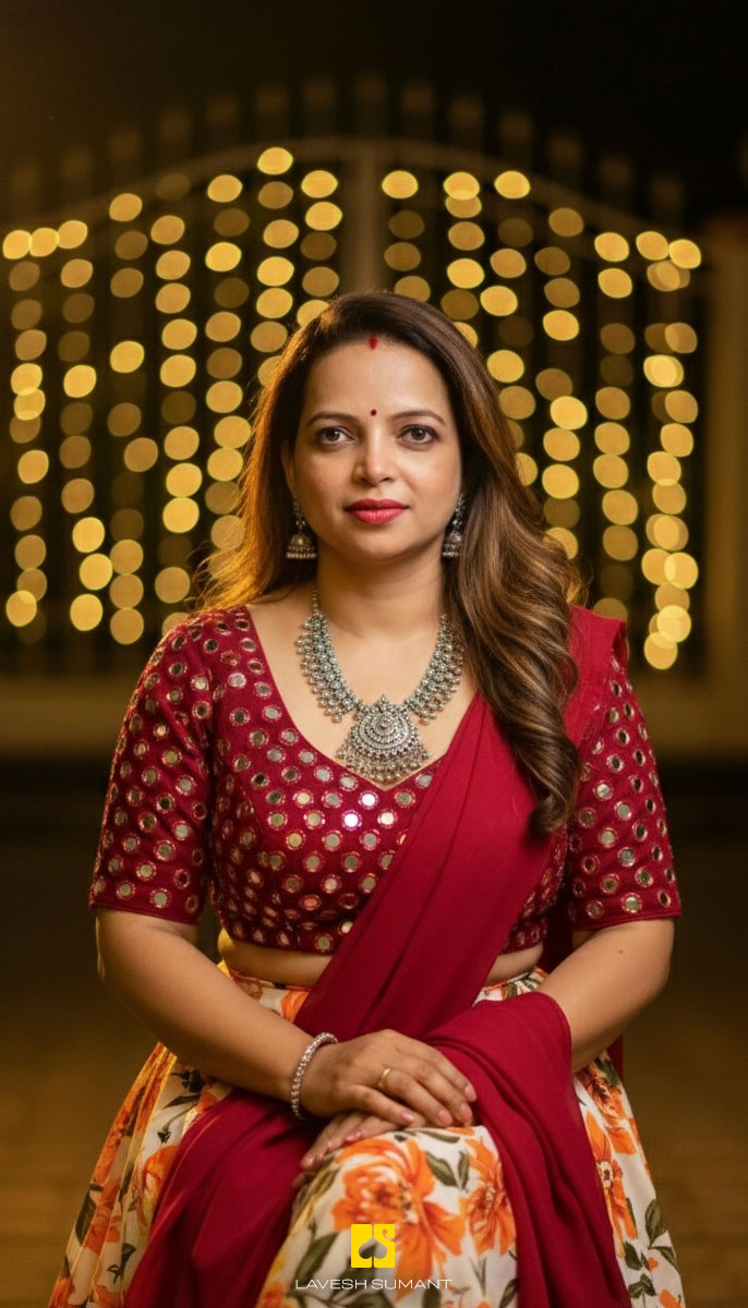 Woman seated at night wearing a red saree, framed by soft golden lights in the background