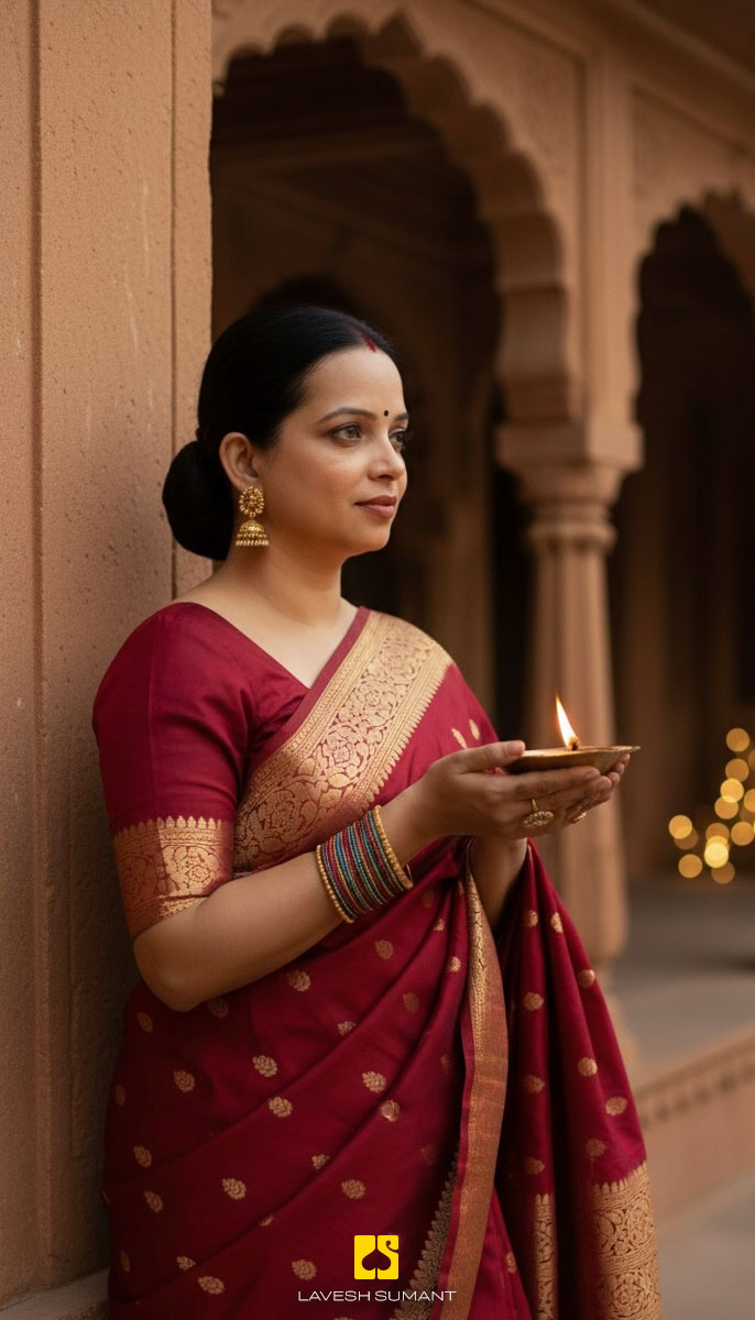 Woman in a maroon saree holding a lit diya while standing in a traditional heritage corridor