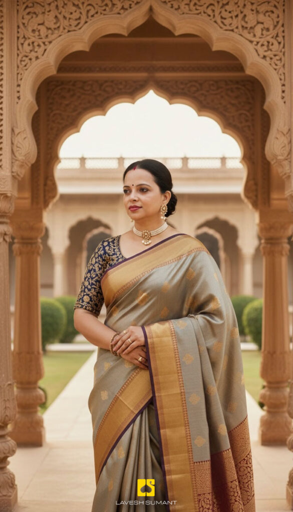 Woman standing in a heritage courtyard wearing a grey and gold saree beneath an ornate archway
