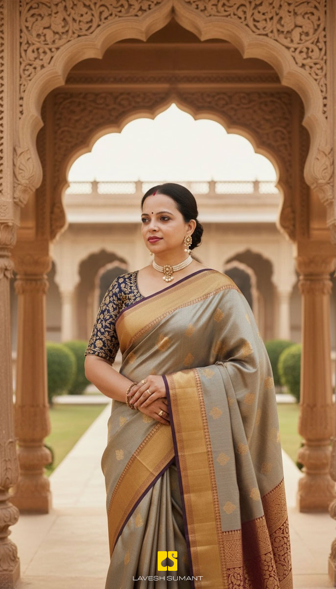 Woman standing in a heritage courtyard wearing a grey and gold saree beneath an ornate archway