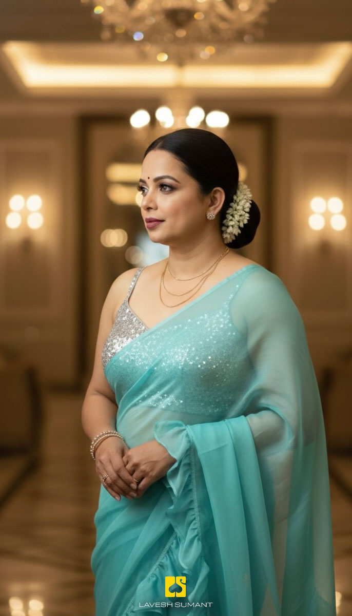 Woman in an aqua saree standing in profile with floral hair adornment in a softly lit elegant interior