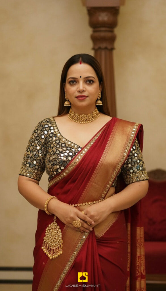 Woman wearing a deep red saree with an ornate blouse and gold jewellery, standing confidently indoors