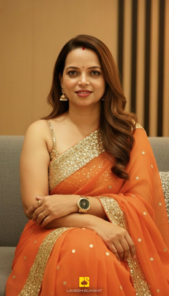 Woman seated indoors wearing an orange saree with gold accents, looking calmly toward the camera