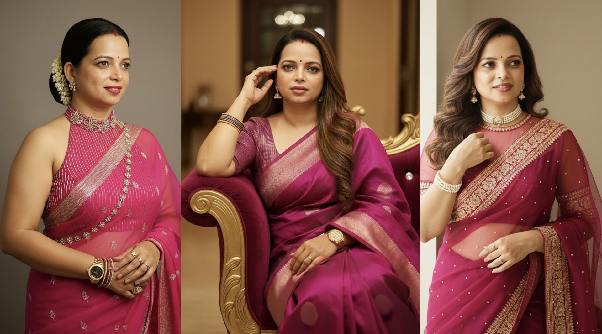 Elegant woman wearing a magenta saree in three classic portrait poses with traditional jewelry and soft studio lighting