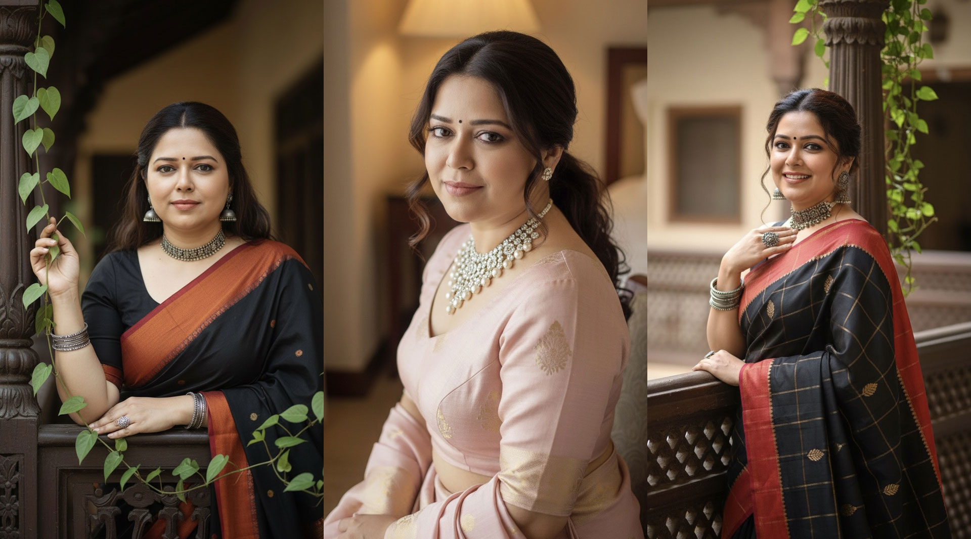 Three-panel portrait showcasing a woman in traditional sarees, captured in heritage architecture with calm and elegant expressions