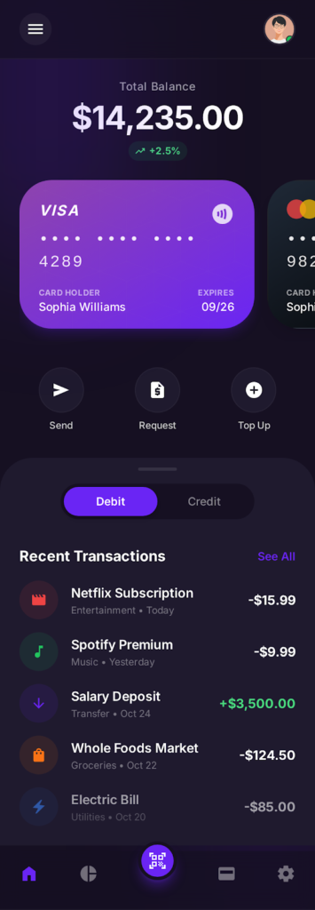 Banking app home screen with balance, cards, quick actions, and recent transactions