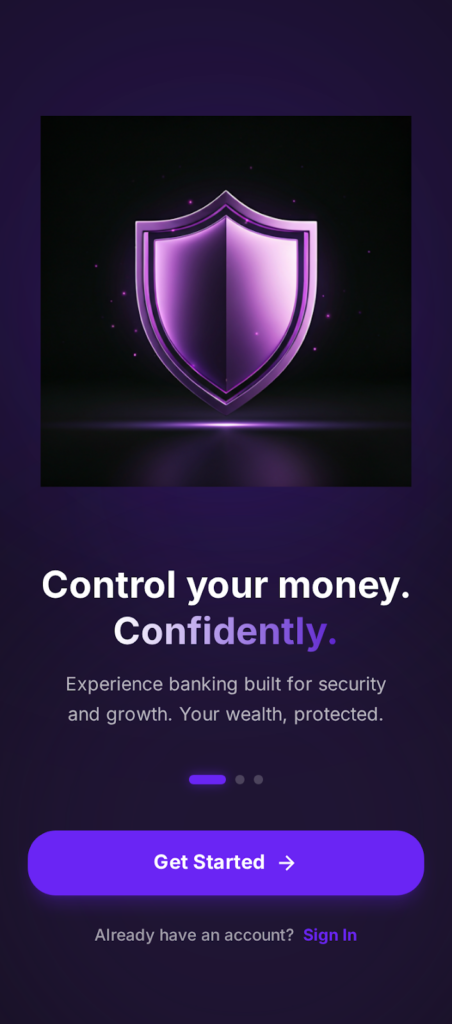 Banking app onboarding screen with security message and a Get Started action